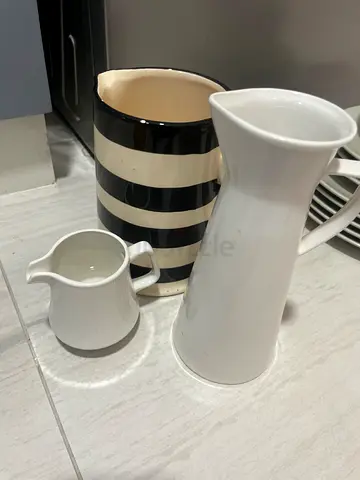 Set of 3 Ceramic Jugs / Pitchers - White and Striped