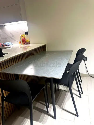 Modern Dining Table + 3 Chairs — Grey Marble Top — Black Designer Chairs