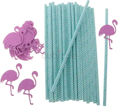 New straws accompanied by glittery pink flamingo