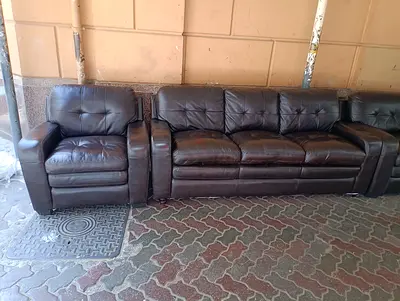 Brown Leather 3-1-1-1 Seater Sofa with Matching Armchair - Good Condition