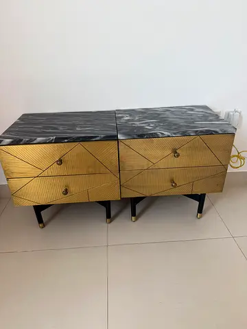 Marina home Pair of modern bedside dressers with gold front and black marble top