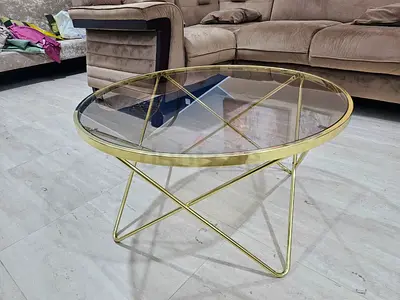 Round Glass Coffee Table with Gold Metal Frame - Modern Design