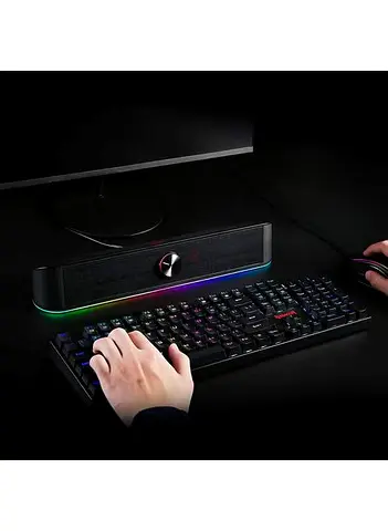 Compact RGB Desktop Soundbar Speaker with Volume Knob — Good Condition