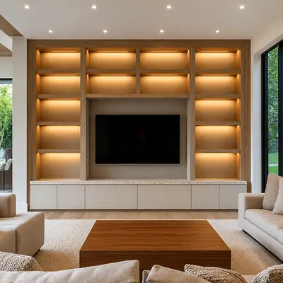 Built-in illuminated entertainment wall unit with TV alcove