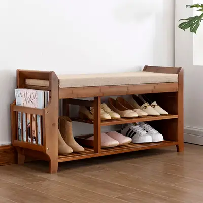 Wooden Shoe Storage Bench with Cushion and Magazine Rack
