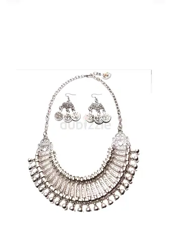 Brand new Silver-tone ethnic statement necklace with matching coin earrings