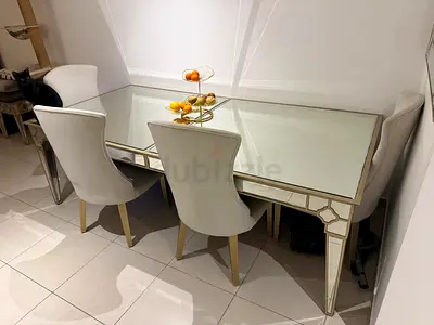 Luxury Mirrored Dining Table Set with 6 Upholstered Chairs - AED 6,999