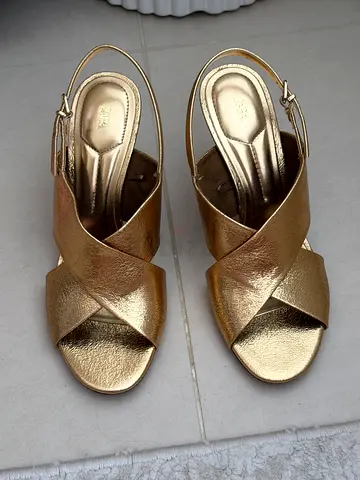 Gold Zara Leather Slingback Sandals - Size 38 (Once Used)