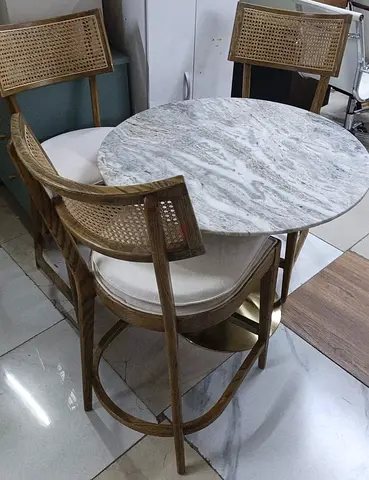 Crate and Barrel Marble-top Round Dining high Table with 3 Woven Back Bar Chairs - Compact Set