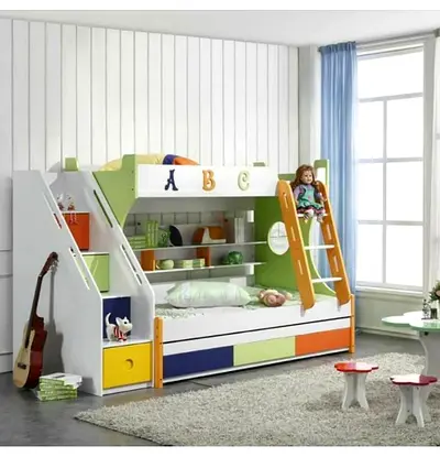 Bunk Bed with Storage and Slide - Colorful Kids Bed Set