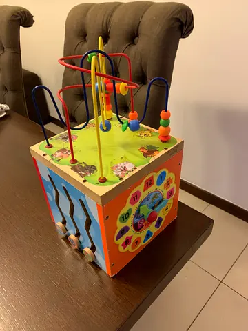 Wooden Activity Cube with Bead Maze and Clock – Good Condition