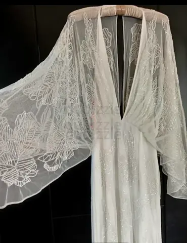 White Beaded Evening / Wedding Dress with Sheer Embroidered Cape Sleeves