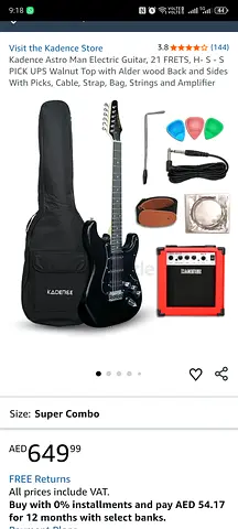 Kadence Astro Electric Guitar Bundle with Amp, Bag and Accessories - Black