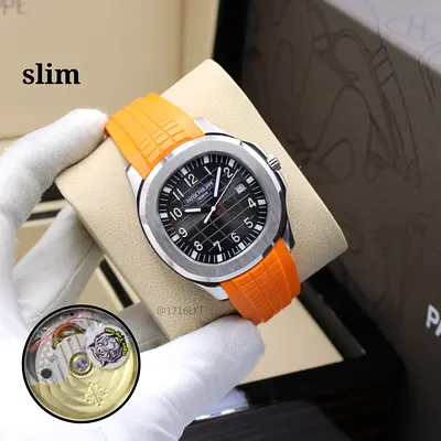 Slim Patek Philippe Aquanaut-style Stainless Steel Master Copy Watch with Orange Rubber Strap