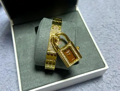 Golden -tone Padlock Bracelet Master Copy Watch with Crystal Accents