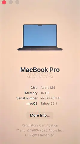Apple MacBook Pro 14-inch (M4, 16GB) - macOS Tahoe