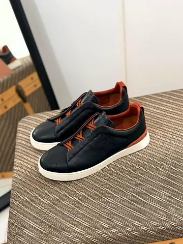 Zegna Black Leather Casual Sneakers with Brown Trim - Unisex Low-Top sizes 40 to 46