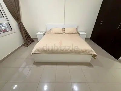 White double bed with headboard and two bedside tables + matress