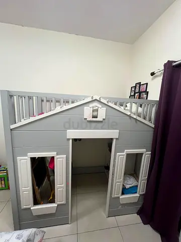 Kids Loft Bed with Playhouse-Style Front (Grey  White)