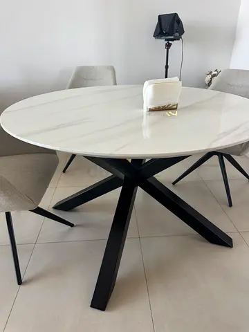Round White Marble-Effect Dining Table with Black Metal Base - 4 Seater