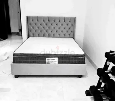 Upholstered Double Bed with Headboard and Mattress