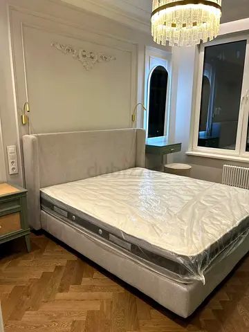 Upholstered Double Bed with Headboard and Mattress - Light Grey
