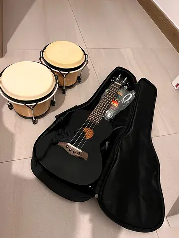 Kala Style Black Ukulele with Soft Case + Pair of Bongos