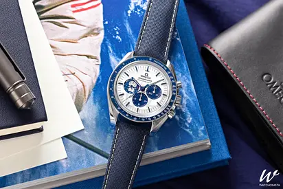 Omega Speedmaster Chronograph with Blue Subdials on Leather Strap Master Copy Watch with box