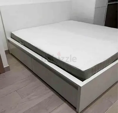 White Platform Bed Frame with Headboard and Storage Drawers - Double/Queen