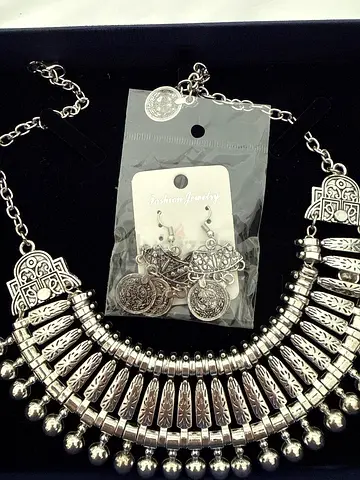 Brand new Silver-tone ethnic statement necklace with matching coin earrings