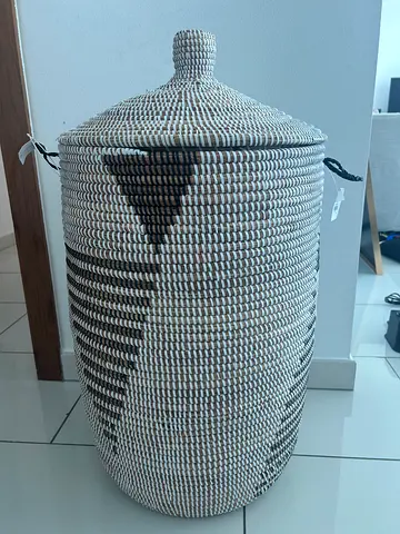 West Elm Graphic Millet Lidded Handwoven Decorative Storage Large Basket with Lid
