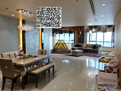 شقة فاخرة للإيجار السنوي في أبراج الكورنيش بعجمان، بمساحة ضخمة 3400 قدم مربع وإطلالة بحرية كاملة، مع فرش أوروبي فاخر وتصميم راقي يوفر تجربة سكن استثنا