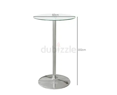Glass Top Bar Table with Chrome Base – 102cm High, 60cm Round with 2 bar stools