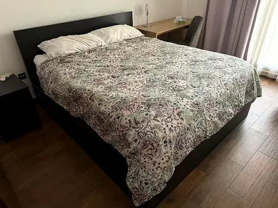 Queen size black wooden bed frame with headboard - Good condition