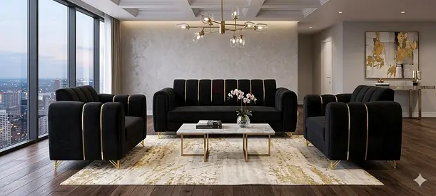 Dark Velvet 3-Piece Sofa Set with Gold Accents - Modern Living Room