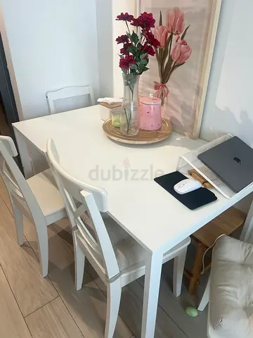 White Wooden Dining Table with 2 Chairs - Compact, Good Condition