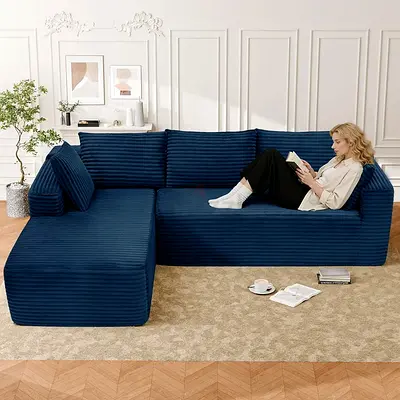 Dark blue corduroy sectional modular sofa