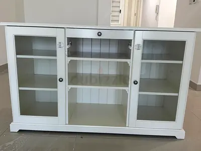 White Wooden Display Cabinet with Glass Doors — Good Condition