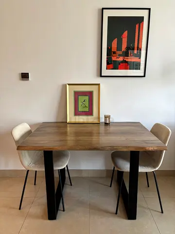 Wooden Dining Table and 2x Corduroy Chairs