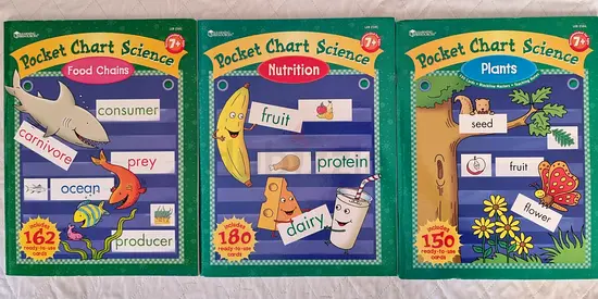 Set of 3 Pocket Chart Science Educational Charts — Food Chains, Nutrition, Plants (Brand New)