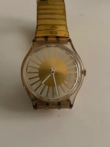 Vintage Swatch Clear Case Gold Dial Mens Watch — Needs Minor Cleaning