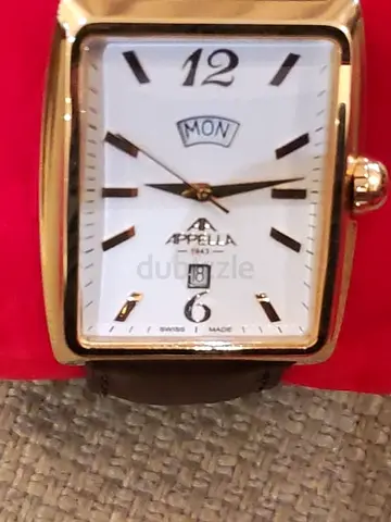 Swiss Made Brand New APPELLA Rectangular Gold Tone Dress Watch with Day Date