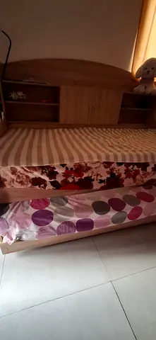 Wooden Single Bed with Pull-Out Trundle and Built-in Shelves