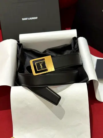 Saint Laurent Black Leather Belt with Gold YSL Buckle