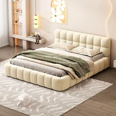 Modern Upholstered Low Platform Bed with Padded Headboard - Cream