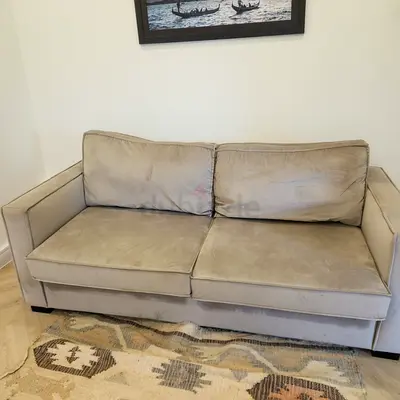2-Seater Beige Velvet Sofa - Good Condition