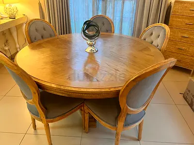 Solid Wood Round Dining Table with 4 Upholstered Chairs - Classic Style