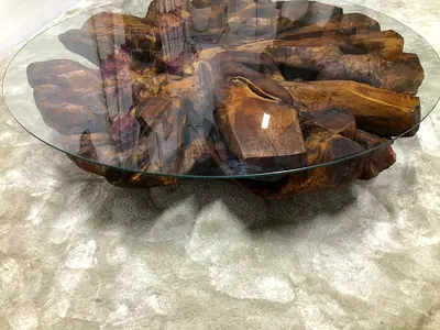 Handcrafted live edge teak root dining table + coffee table