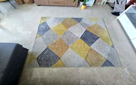 Geometric modern area rug - grey, yellow and blue, good condition