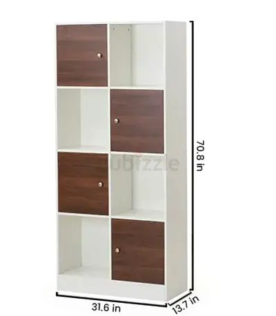 Tall 8-Compartment BookShelf with 4 Doors - White  Dark Wood